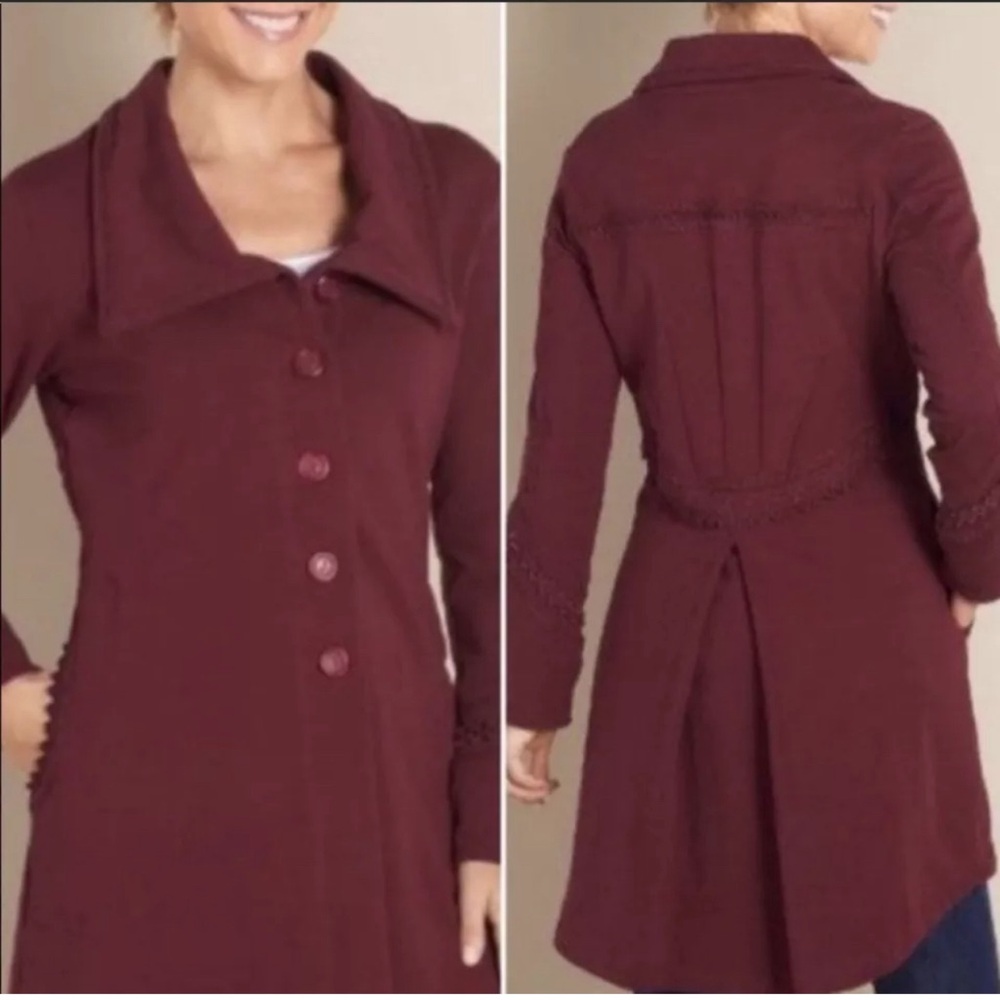 Soft Surroundings Rachel Burgundy Red Button Cotton Pea Coat Jacket Size PM